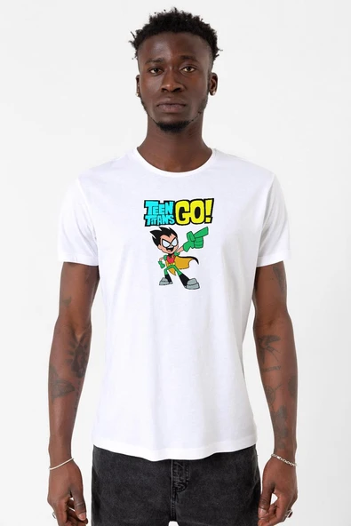 Teen Titans Go Robin Beyaz Erkek Bisikletyaka Tshirt ürün görseli 1