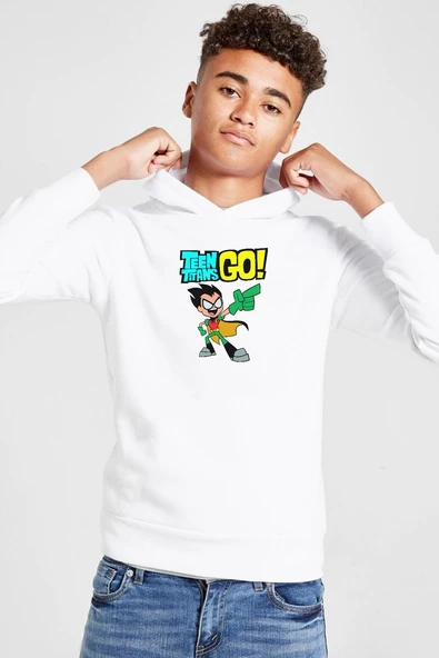 Teen Titans Go Robin Beyaz Çocuk 3ip Kapşonlu  Sweatshirt ürün görseli 1