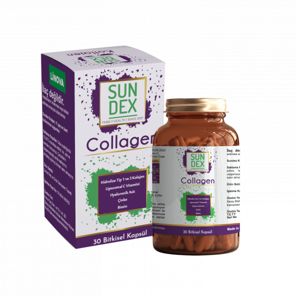 SUNDEX Collagen Hidrolize Tip I-III Kolajen, Lipozomal C, Hyaluronik Asit, Çinko, Biotin 30 Bitkisel Kapsül ürün görseli 1