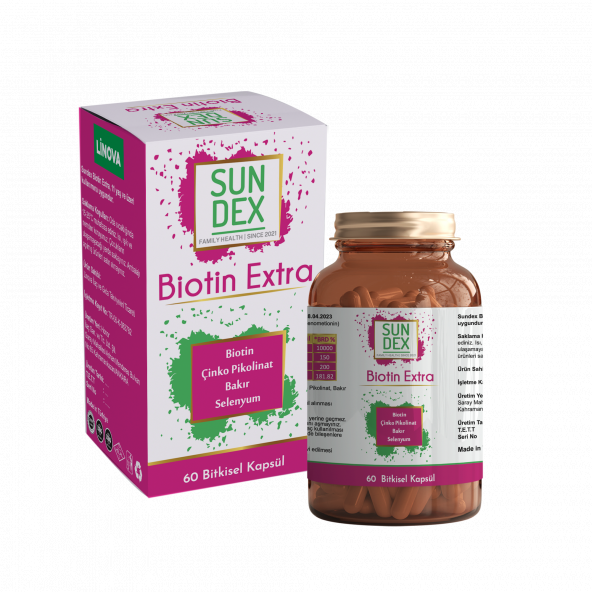 SUNDEX Biotin Extra Biotin, Çinko Pikolinat, Bakır, Selenyum 60 Bitkisel Kapsül ürün görseli 1