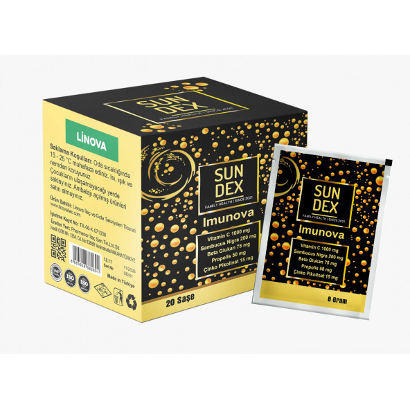 SUNDEX Imunova Vitamin C, Sambucus Nigra, Beta Glukan, Propolis, Çinko Pikolinat 20 Saşe ürün görseli 1