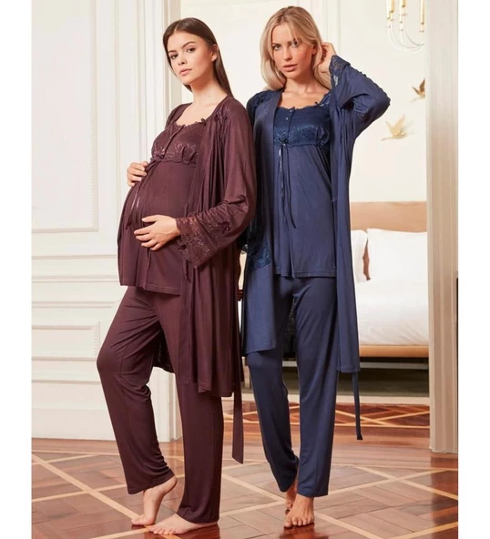BirolGaye 4804 Lacivert Hamile Lohusa 3 Lü Pijama Sabahlık Tk ürün görseli 1