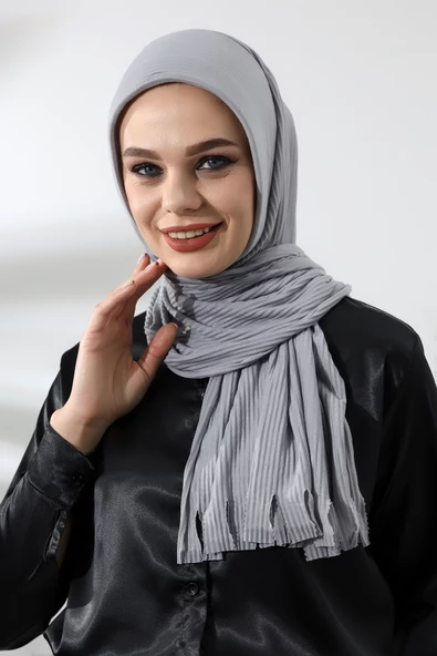 Gri Tesettür Hazır Pratik Fitilli Pamuklu Şal ürün görseli 1