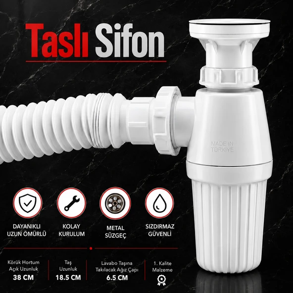 Sifon Körüklü Sökülebilir Tas'lı Temizlenebilir Mutfak Banyo Lavabo Taşı Gider Borusu Plastik 38 cm ürün görseli 1