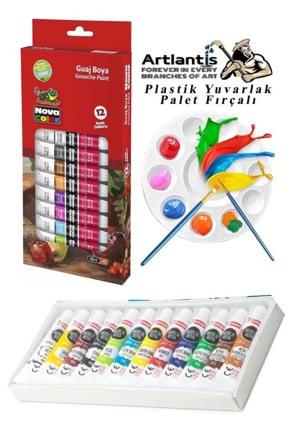 Guaj Boya 12 Renk Nova Color 12 Ml Tüp 1 Paket 12 Li Guaj Boya Seti ve Yuvarlak Resim Paleti Fırçalı 1 Paket 10 Hazneli Boya Paleti Sanatsal Boyalar İçin Palet Guaj Boya ürün görseli 1
