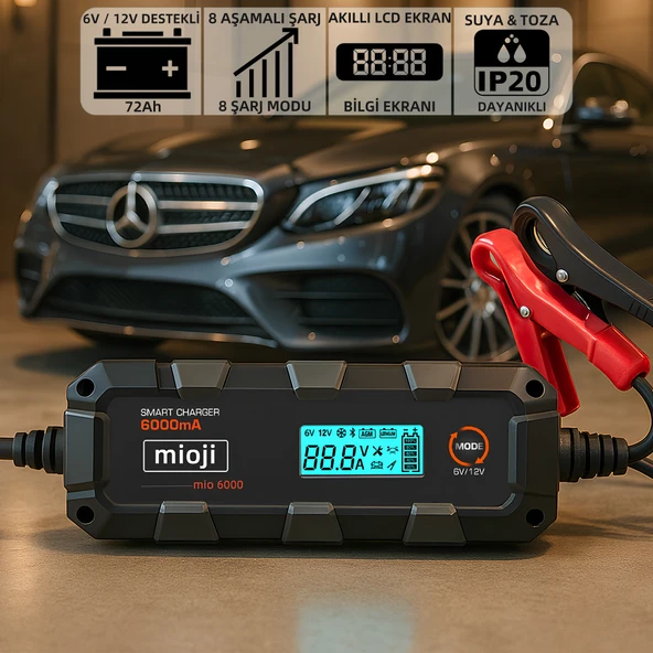 Mioji 6000 6A 6V ve 12V Araba Şarj, Akü Bakım, Damlama Şarj Cihazı ve Motosiklet, ATV, Lityum ve Derin Döngülü Aküler için Kükürt Giderici Akıllı  Akü Şarj Cihazı ürün görseli 1