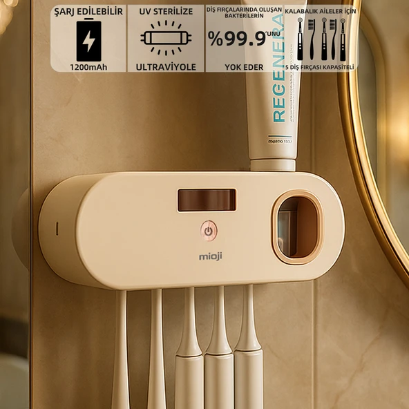 Mioji UV5F 1200mAh Şarj Edilebilir UV Sterilizatörü Otomatik Diş Fırçası Tutucusu Bej ürün görseli 1