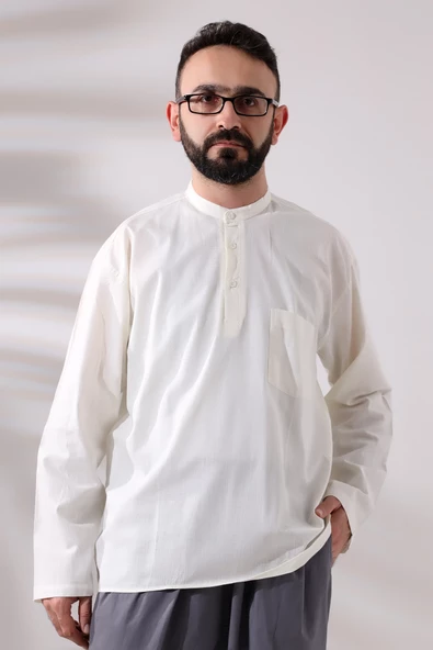 Krem Erkek Rahat Kesim 3 Düğmeli Hakim Yaka Hac ve Umre Keten Gömlek ürün görseli 1