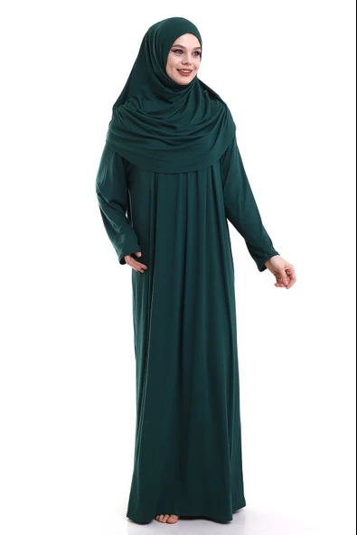 Tek Parça Pratik Başörtülü Robalı Namaz Elbisesi 8015 Zümrüt Yeşili ürün görseli 1