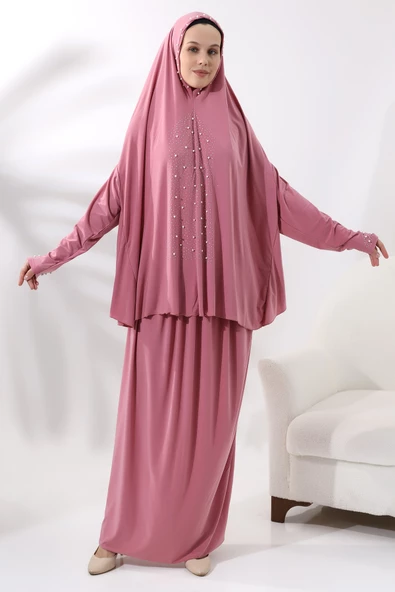 İki Parça İncili Taşlı Alt Üst Pratik Namaz Elbisesi 8017 Pembe ürün görseli 1