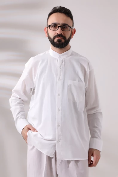 Beyaz Erkek Bol Kesim Tek Cepli Hakim Yaka Hac ve Umre Keten Gömlek ürün görseli 1