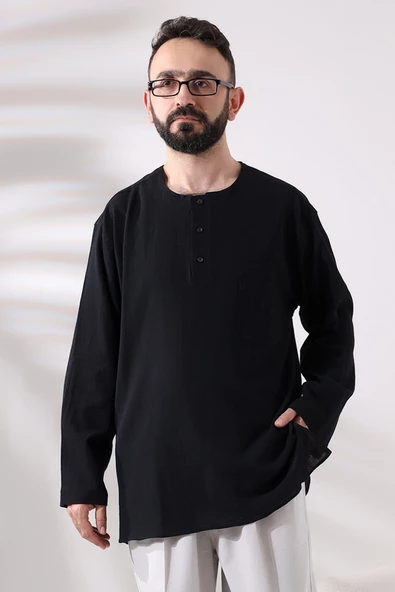 Siyah Erkek Rahat Kesim 3 Düğmeli Sıfır Yaka Hac ve Umre Şile Bezi Gömlek ürün görseli 1