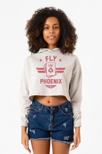 Top Gun Maverick Fly Like A Phoenix Beyaz Kırçıllı Kadın Crop Kapşonlu ürün görseli 1