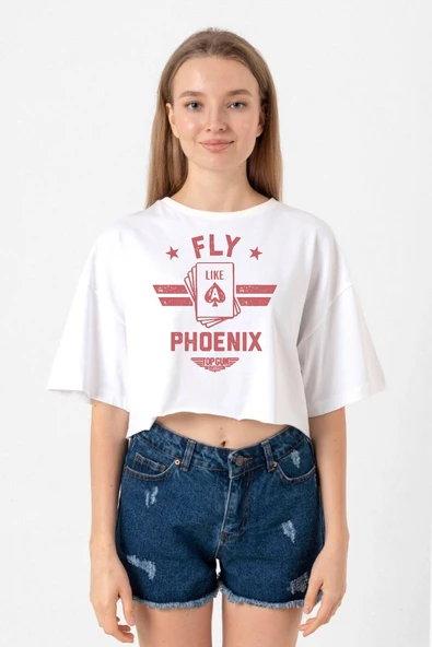 Top Gun Maverick Fly Like A Phoenix Beyaz Kadın Crop Tshirt ürün görseli 1