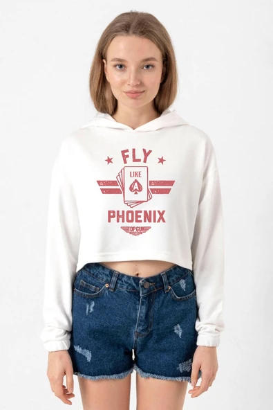 Top Gun Maverick Fly Like A Phoenix Ekru Kadın Crop Kapşonlu ürün görseli 1