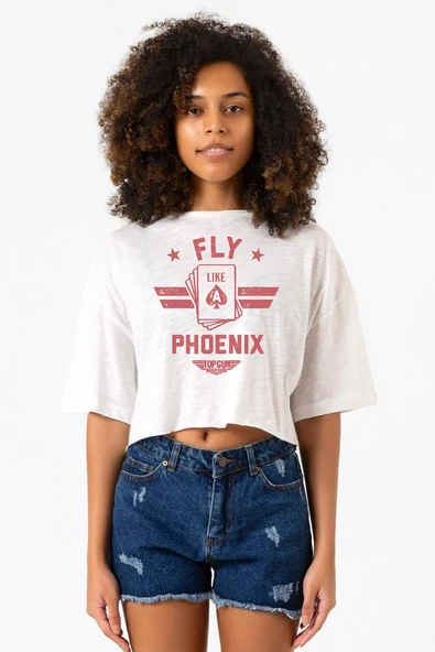 Top Gun Maverick Fly Like A Phoenix Beyaz Kırçıllı Kadın Crop Tshirt ürün görseli 1