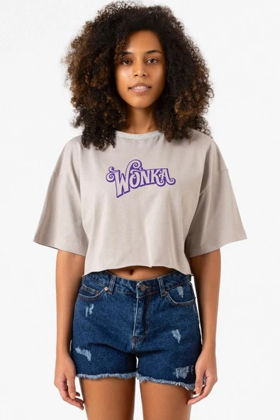 Willy Wonka Logo Taş Rengi Kadın Crop Kapşonlu ürün görseli 1