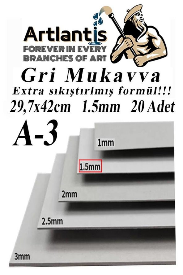 A3 Mukavva Gri 1.5 mm 20 Adet 1 Paket 29.7x42 cm A-3 Mukavva 1,5 mm Kalınlığında A-3 Mukavva ürün görseli 1