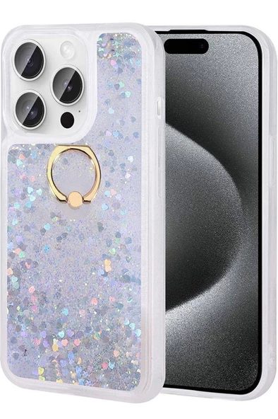 iPhone 15 Pro Max Kılıf Sıvılı Simli Pullu Yüzüklü Standlı Lüx Silikon ürün görseli 1