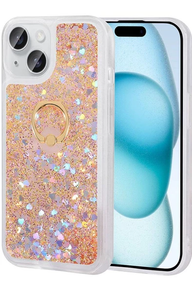 iPhone 15 Plus Kılıf Sıvılı Simli Pullu Yüzüklü Standlı Lüx Silikon ürün görseli 1