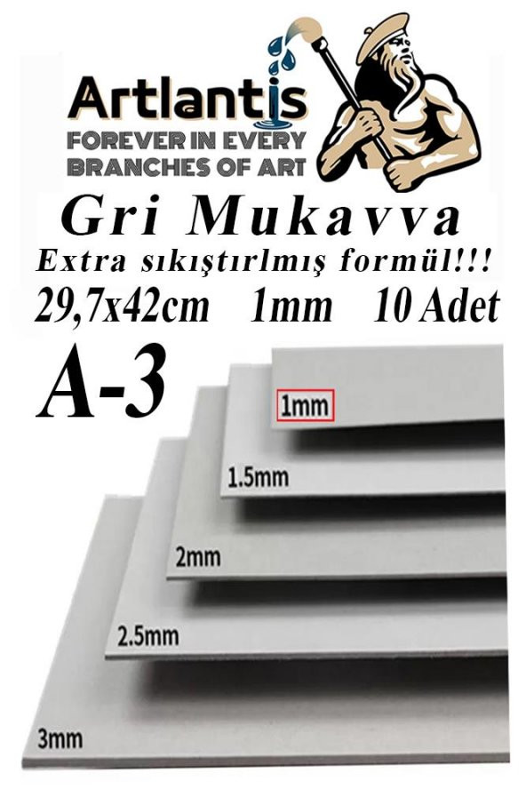 A3 Mukavva Gri 1.0mm 10 Adet 1 Paket 29.7x42 cm A-3 Mukavva 1,0 mm Kalınlığında A-3 Mukavva ürün görseli 1