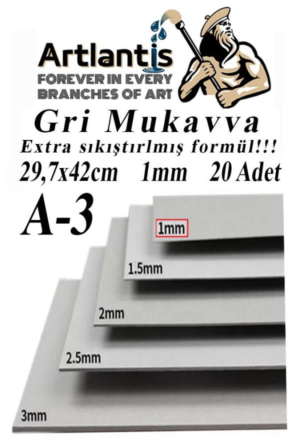 A3 Mukavva Gri 1.0mm 20 Adet 1 Paket 29.7x42 cm A-3 Mukavva 1,0 mm Kalınlığında A-3 Mukavva ürün görseli 1