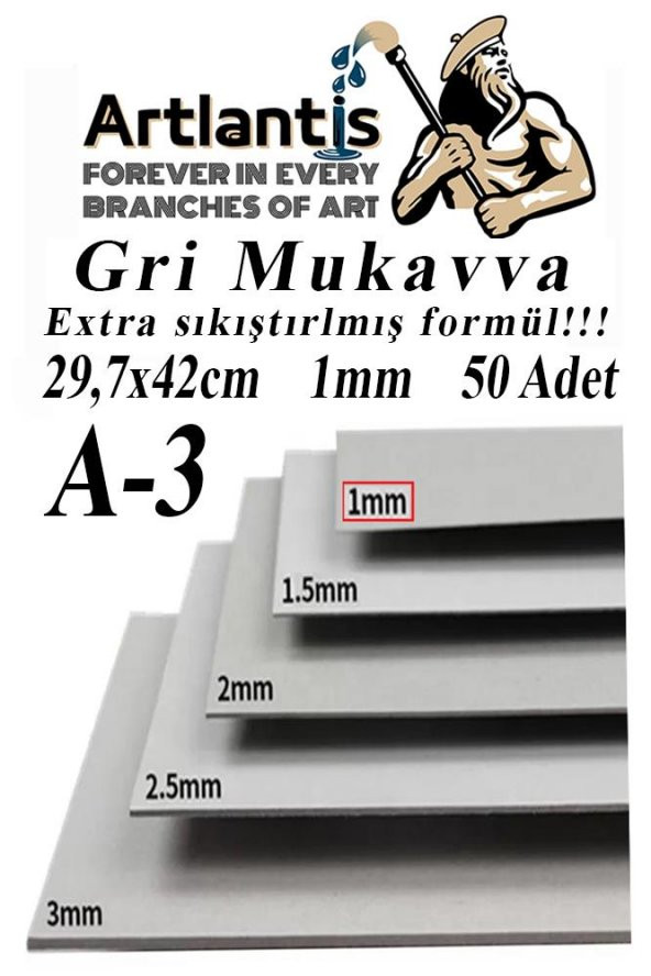 A3 Mukavva Gri 1.0mm 50 Adet 1 Paket 29.7x42 cm A-3 Mukavva 1,0 mm Kalınlığında A-3 Mukavva ürün görseli 1