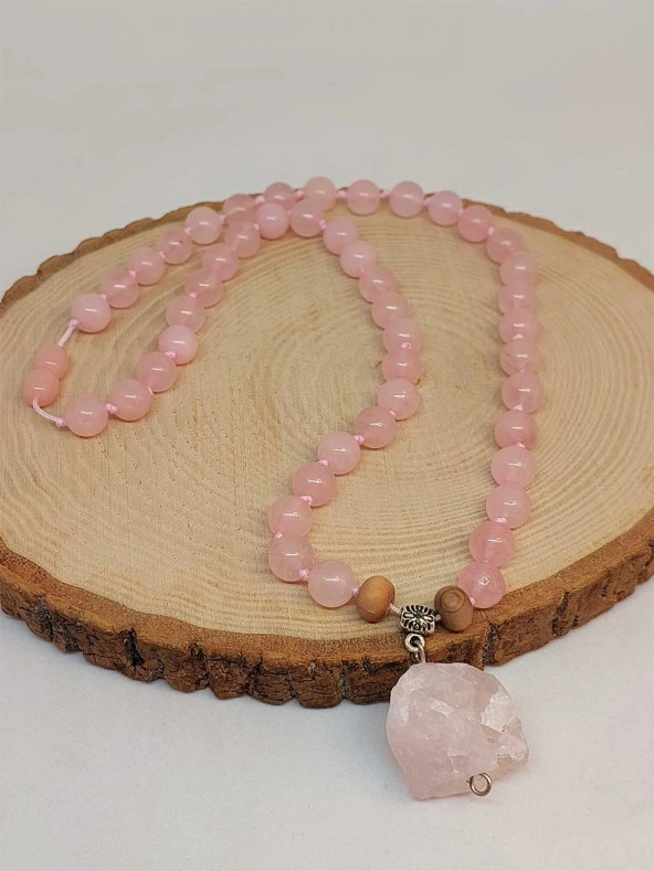 Pembe Kuvars Taşı Düğümlü Unisex Tasarım Kolye 8mm (45065) ürün görseli 1
