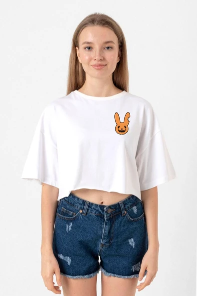 Bad Bunny Halloween Beyaz Kadın Crop Tshirt ürün görseli 1