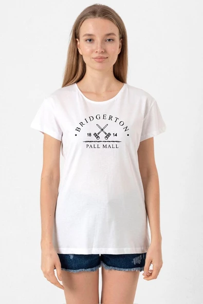 Bridgerton Pall Mall Logo Beyaz Kadın Bisikletyaka Tshirt ürün görseli 1