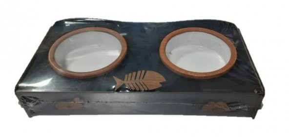 Patte Balıklı Güveç Kaseli Ahşap İkili Mama Standı 36*15*6 Cm SİYAH ürün görseli 1