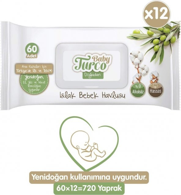 Baby Turco Doğadan Yenidoğan Islak Bebek Havlusu 60 Yaprak x 12li ürün görseli 1