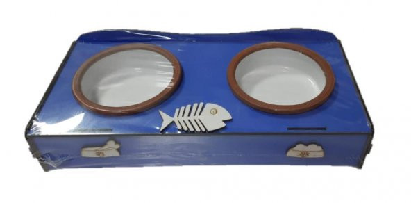 Patte Balıklı Güveç Kaseli Ahşap İkili Mama Standı 36*15*6 Cm MAVİ ürün görseli 1