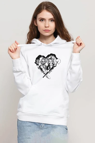 Chucky And Bride Horror Beyaz Kadın 3ip Kapşonlu Sweatshirt ürün görseli 1