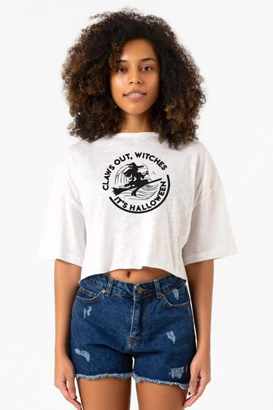 Claws Out Witches Its Halloween Beyaz Kırçıllı Kadın Crop Tshirt ürün görseli 1