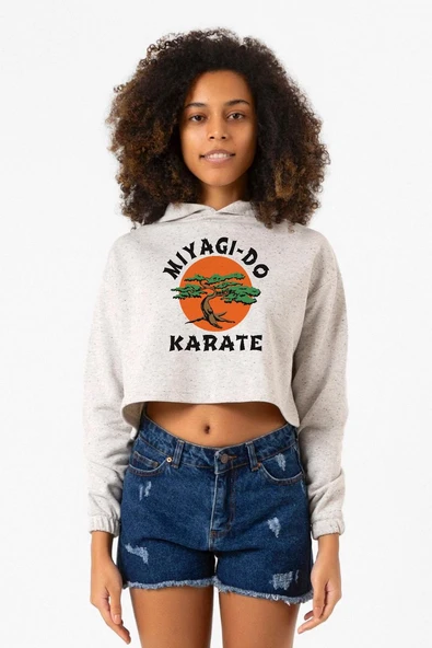 Cobra Kai Miyagi Do Karate Beyaz Kırçıllı Kadın Crop Kapşonlu ürün görseli 1