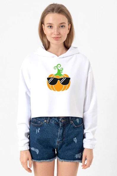 Cool Pumpkin Beyaz Optik Kadın Crop Kapşonlu ürün görseli 1