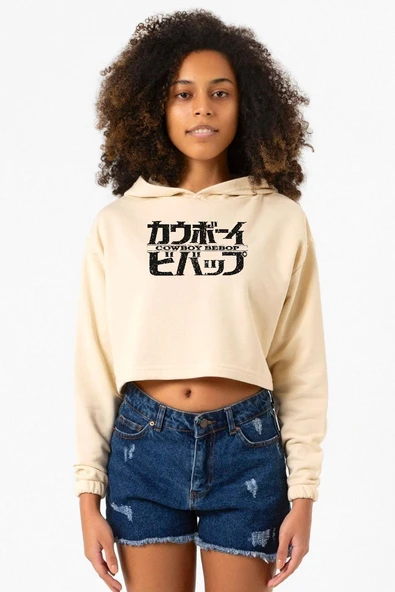 Cowboy Bebop Retro Letter Logo Bej Kadın Crop Kapşonlu ürün görseli 1