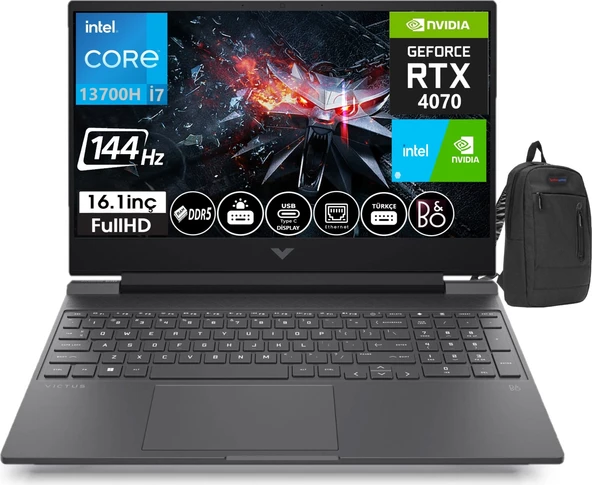 Hp Victus 16-R0006NT Intel Core I7 13700H 16GB Ddr5 512GB SSD 8gb RTX4070 16.1 Inç 144Hz IPS Fhd WINDOWS11PRO Taşınabilir Bilgisayar VİCTUS7P632EAW19+WEBLEGELSINÇANTA ürün görseli 1