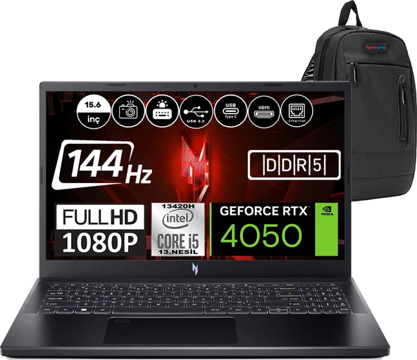 Acer Nitro V15 ANV15-51-57XV Intel Core I5 13420H Ddr5 32GB 512GB SSD RTX4050-6GB Windows 11 Home 15.6" 144HZ Fhd Taşınabilir Bilgisayar NHQNBEYH04  + Zetta Çanta ürün görseli 1
