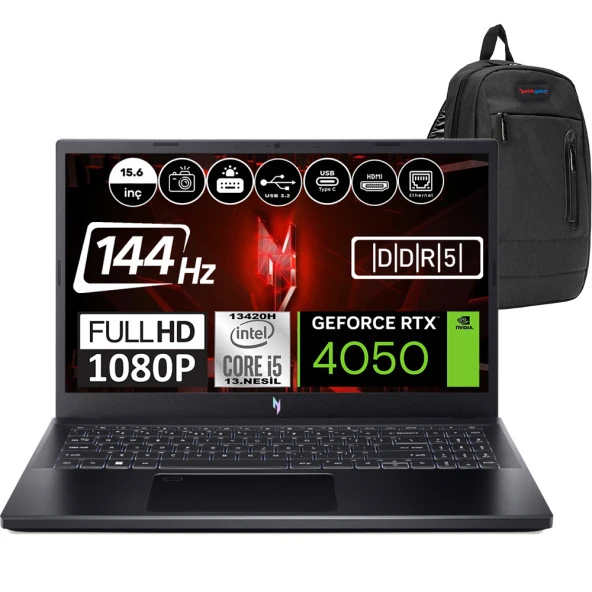 Acer Nitro V15 ANV15-51-57XV Intel Core i5 13420H DDR5 32GB 2TB SSD RTX4050-6GB Freedos 15.6" 144HZ FHD Taşınabilir Bilgisayar NHQNBEYF06  + Zetta Çanta ürün görseli 1