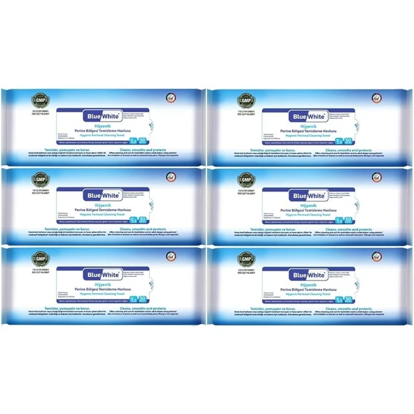 BlueWhite Yetişkin Perine Bölgesi Vücut Temizleme Mendil-Havlusu (6 Lı Set) 50 Yaprak Hijyenik ürün görseli 1