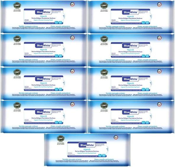 BlueWhite Yetişkin Perine Bölgesi Temizleme Mendil-Havlusu (9 Lu Set) 50 Yaprak Hijyenik ürün görseli 1