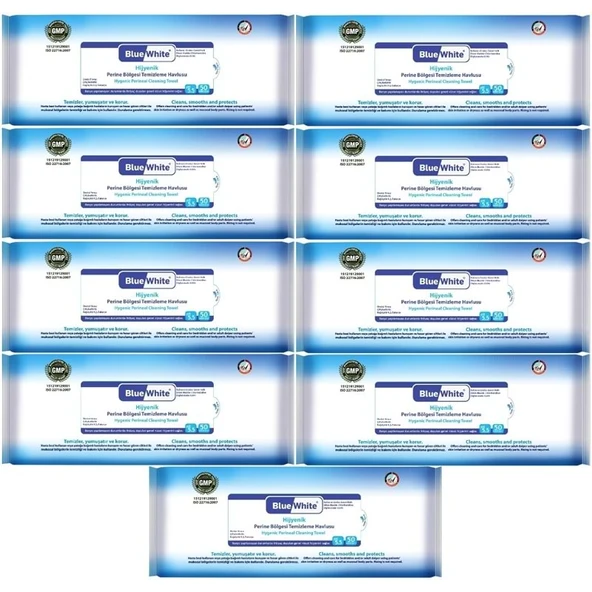 BlueWhite Yetişkin Perine Bölgesi Vücut Temizleme Mendil-Havlusu (9 Lu Set) 50 Yaprak Hijyenik ürün görseli 1