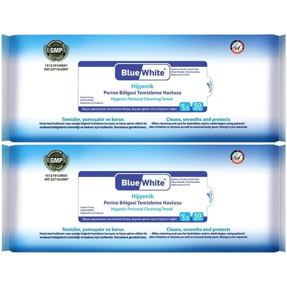 BlueWhite Yetişkin Perine Bölgesi Vücut Temizleme Mendil-Havlusu (2 Li Set) 50 Yaprak Hijyenik ürün görseli 1