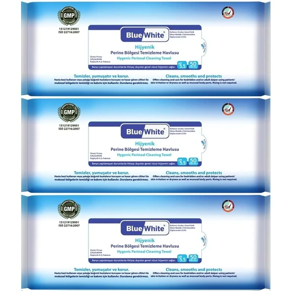 BlueWhite Yetişkin Perine Bölgesi Vücut Temizleme Mendil-Havlusu (3 Lü Set) 50 Yaprak Hijyenik ürün görseli 1