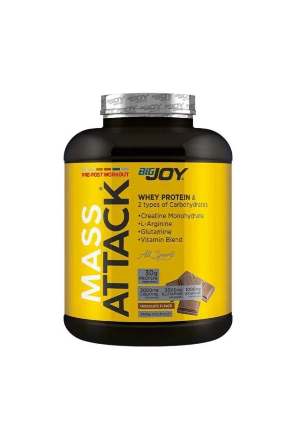 Bigjoy Sports Mass-ATTACK 3000gr Çikolata -30gr Whey Protein-54.42gr Karbonhidrat-3gr Kreatin-2gr Glutamin ürün görseli 1