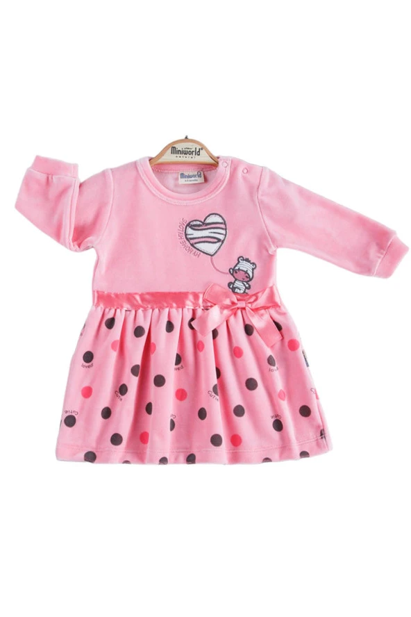 MiniWorld Kız Bebek Kurdele Detaylı Pembe Kadife Elbise 16428 ürün görseli 1