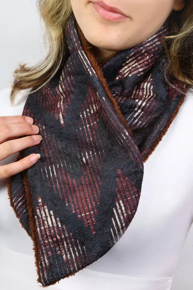 Kadın Atkı Boyunluk Düğmeli Peluş Kadife Zigzag Kahve 802 ürün görseli 1
