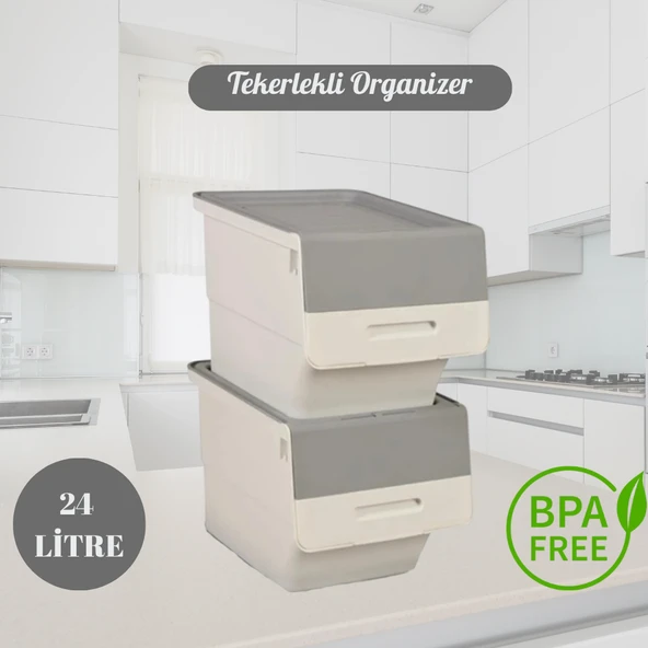 Motek Tekerlekli Patateslik Soğanlık Oyuncak Kutusu Patateslik Soğanlık Sepeti 2X12Lt Beyaz+Gri ürün görseli 1
